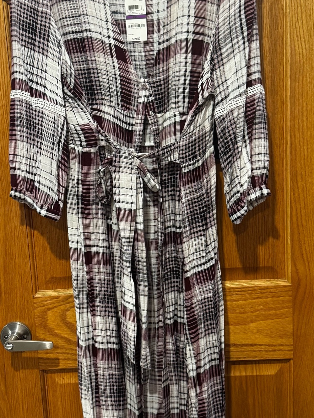 Plaid Button-Front Maxi Dress with Tie Waist - White & Burgundy
